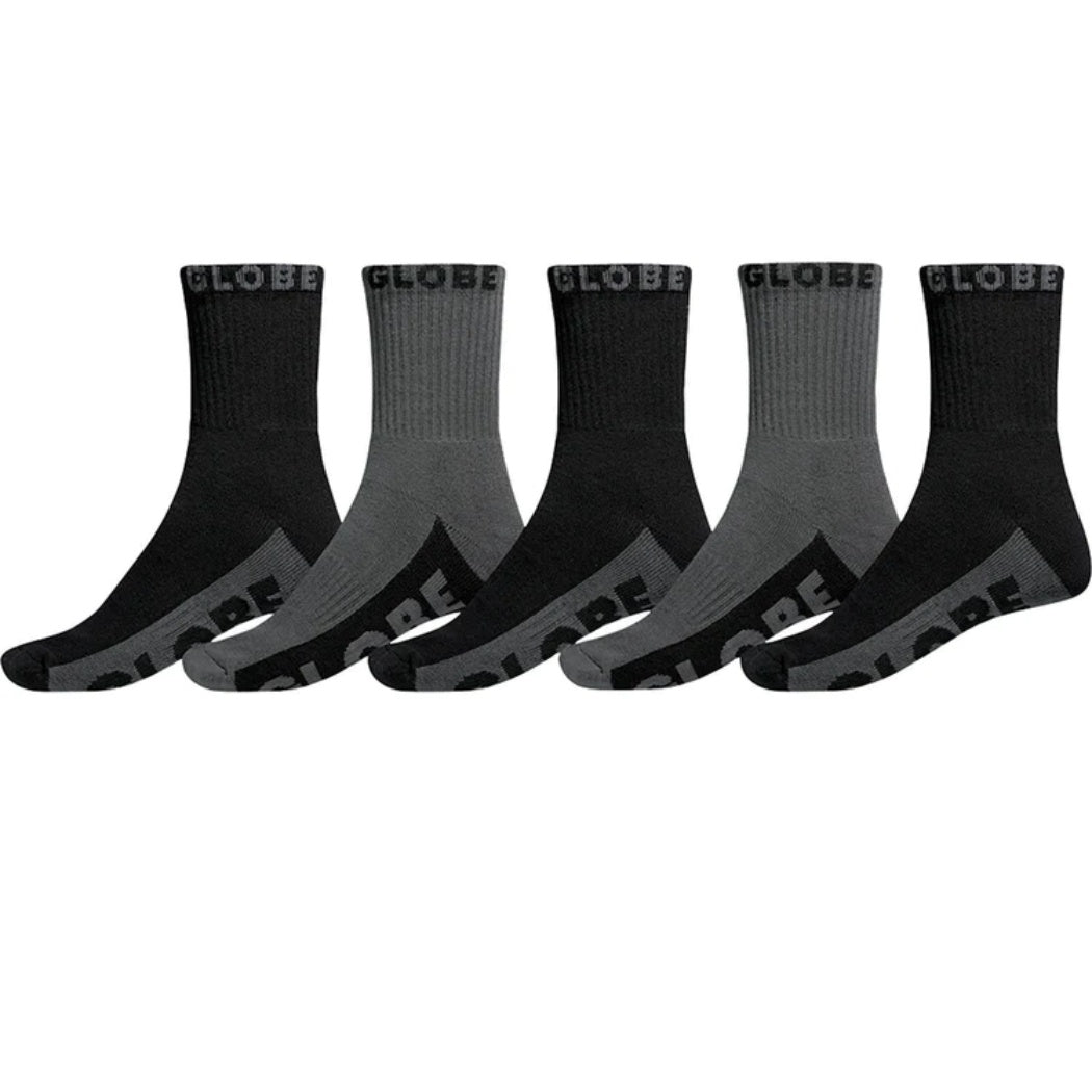 Globe Black Grey Crew Socks 5 Pack 7-11