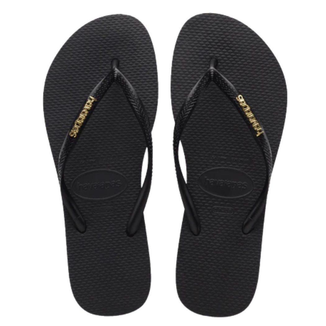 Havaianas Slim Metal Logo Black Gold Thongs