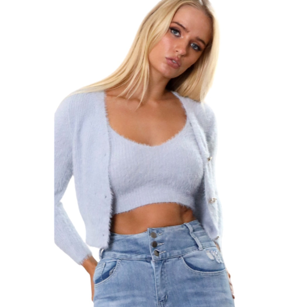 Intruder Fluffy Crop Top and Cardigan Set Dove Grey