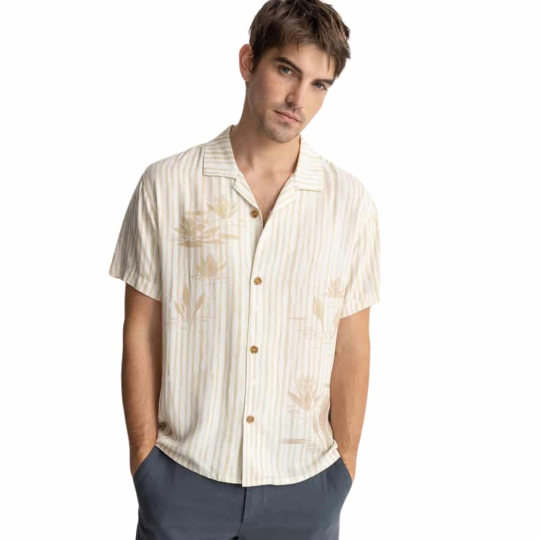 Rhythm Lily Stripe Cuban Short Sleeve Shirt Camel