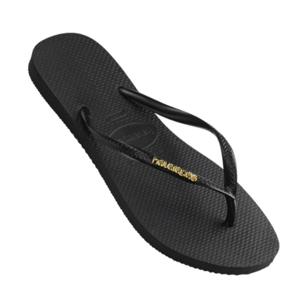 Havaianas Slim Metal Logo Black Gold Thongs
