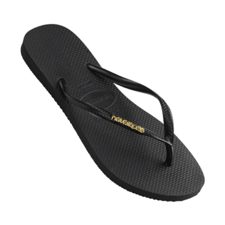 Havaianas Slim Metal Logo Black Gold Thongs