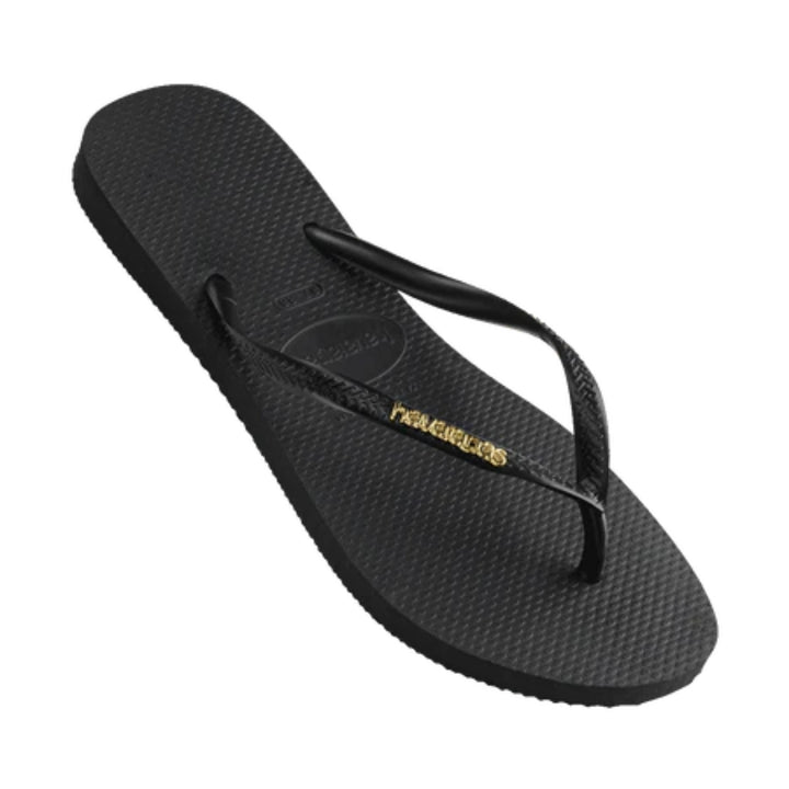 Havaianas Slim Metal Logo Black Gold Thongs
