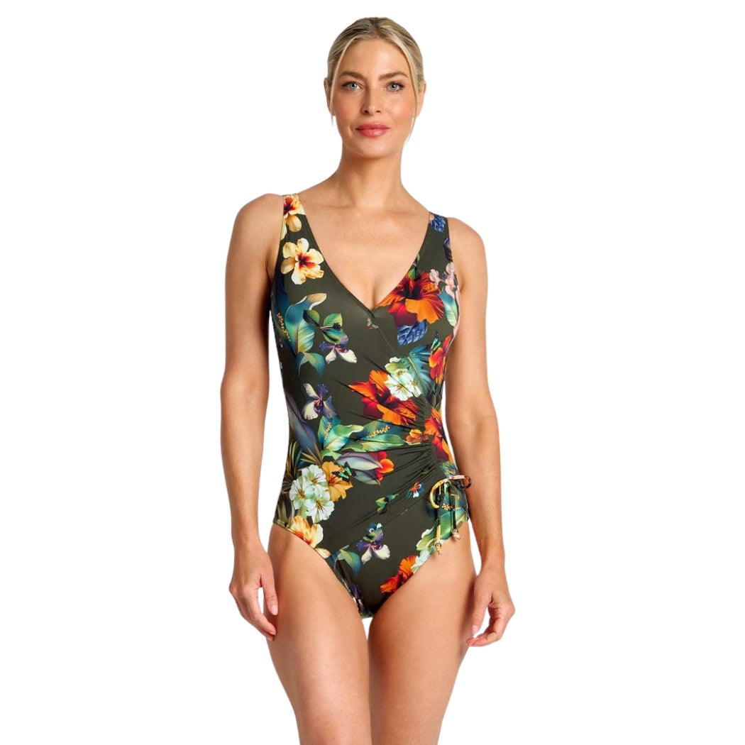 Jantzen Hibiscus Gathered Surplice One Piece Forest