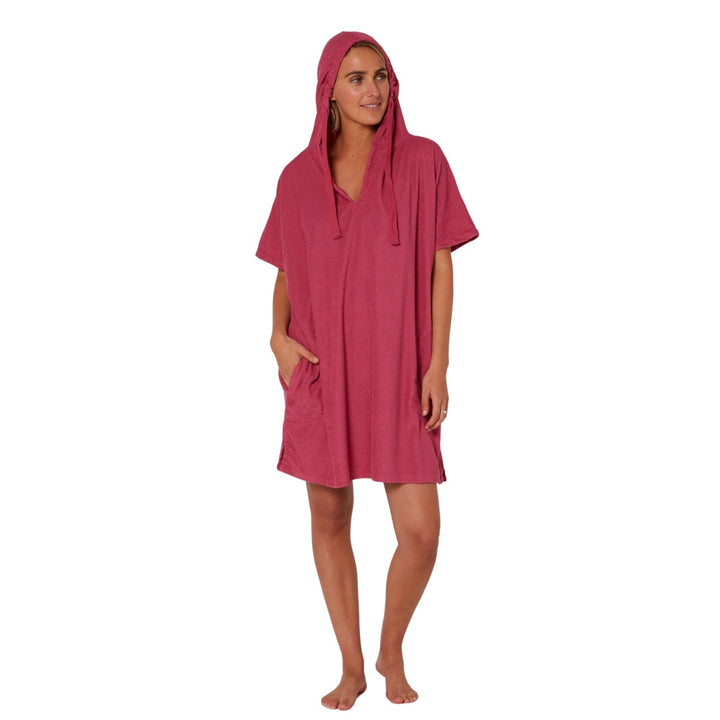 Ocean and Earth Ladies V Neck Terry Hooded Poncho Mauve 23