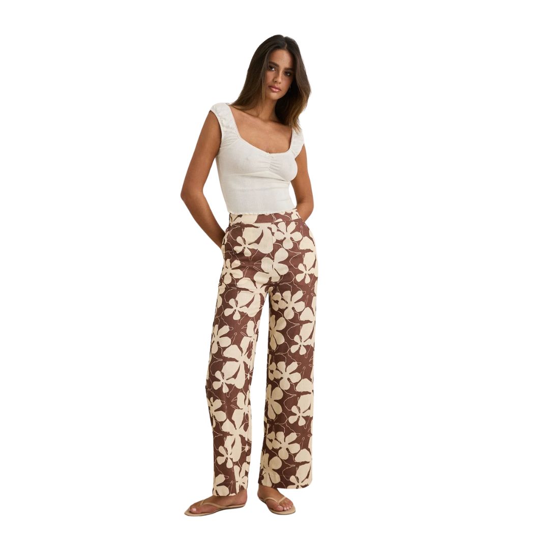 Rhythm Melia Floral Wide Leg Pant Chocolate