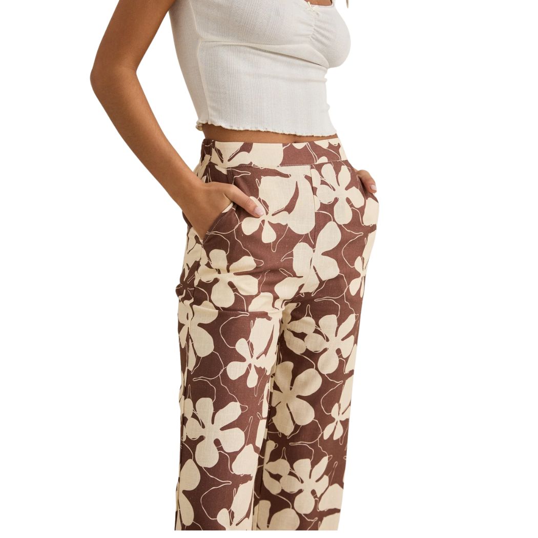 Rhythm Melia Floral Wide Leg Pant Chocolate