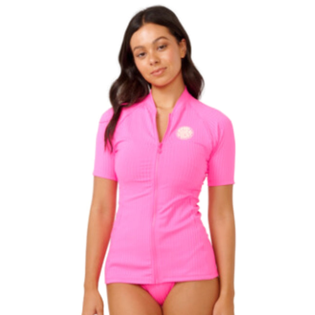 Rip Curl Premium Surf Zip Thru SS Rash Vest Hot Pink