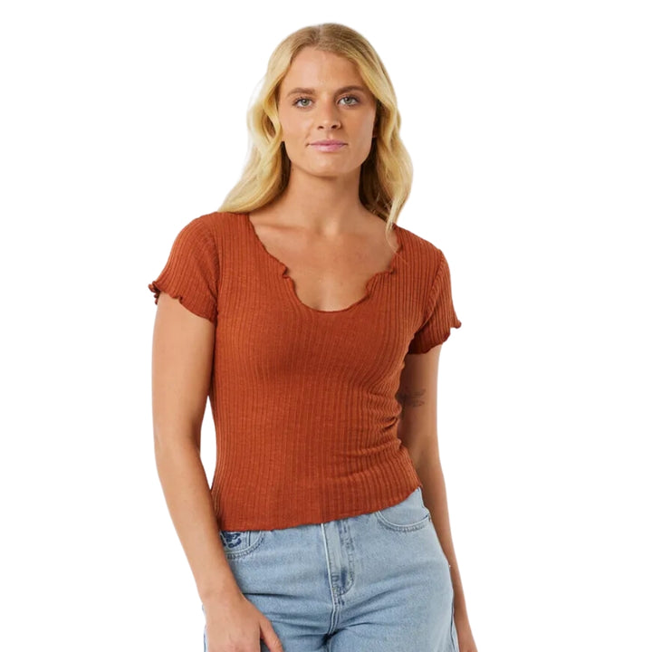 Rip Curl Soleil Textured Short Sleeve Top Dark Rust 