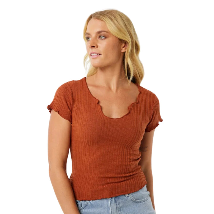 Rip Curl Soleil Textured Short Sleeve Top Dark Rust 