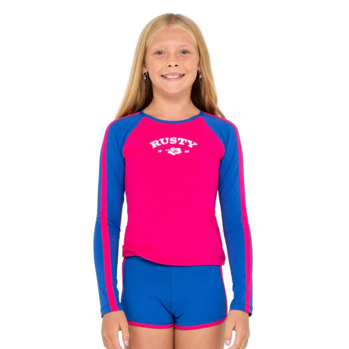 Rusty Contrast Rashie Shorts Set Girls Fuchsia Blue
