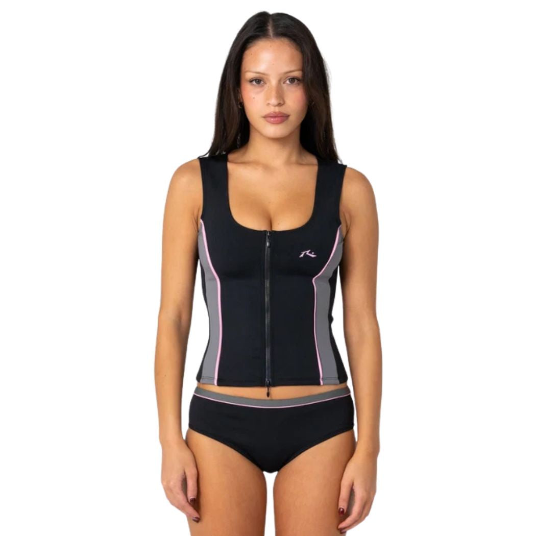Rusty Farrah Scoop Zip Through Swim Top Black Pink