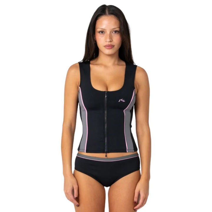 Rusty Farrah Scoop Zip Through Swim Top Black Pink