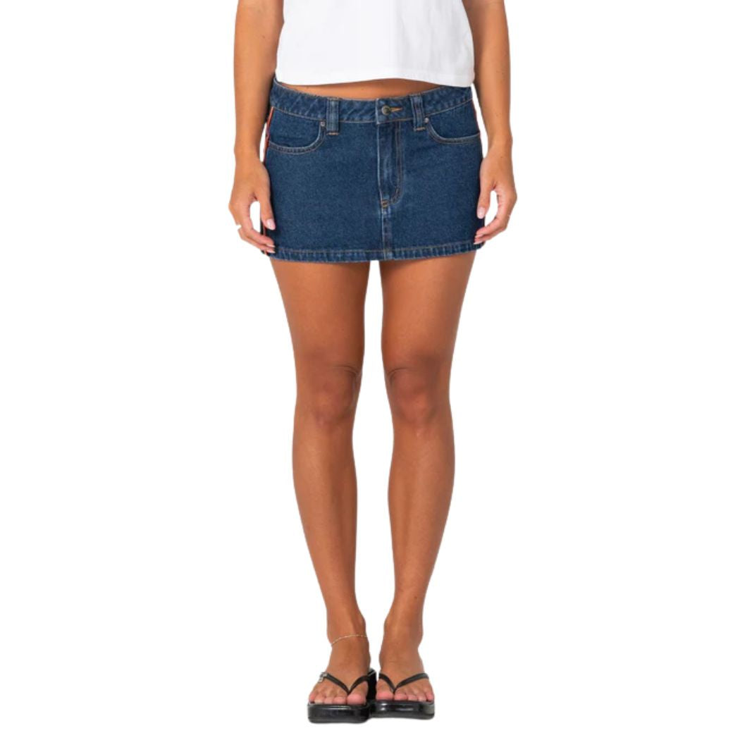 Rusty Flip Mommy Low Rise Mini Denim Skirt 2.0 Deep Sea Blue Orange