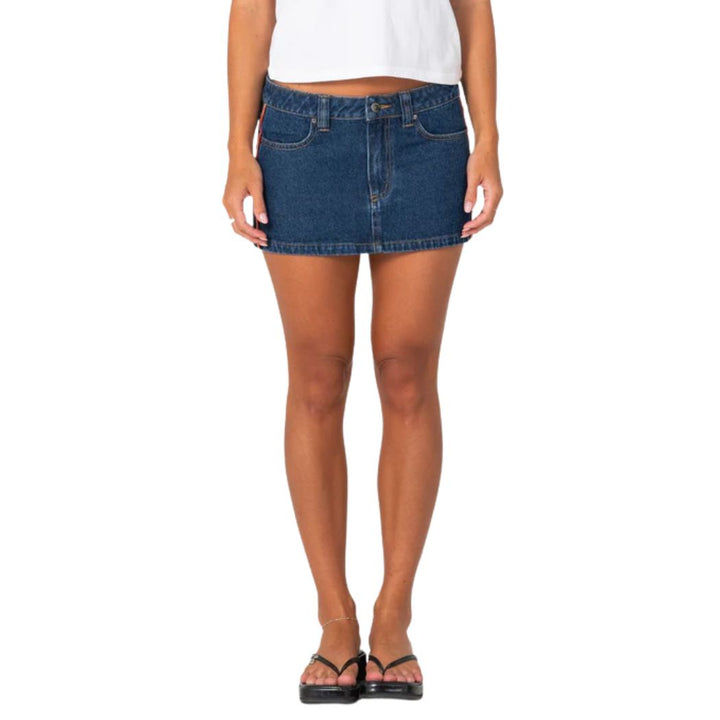 Rusty Flip Mommy Low Rise Mini Denim Skirt 2.0 Deep Sea Blue Orange