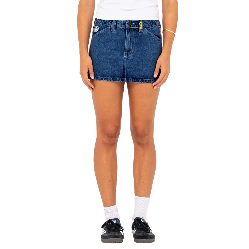 Rusty Flip Mommy Low Rise Mini Denim Skirt Deep Sea Blue Orange