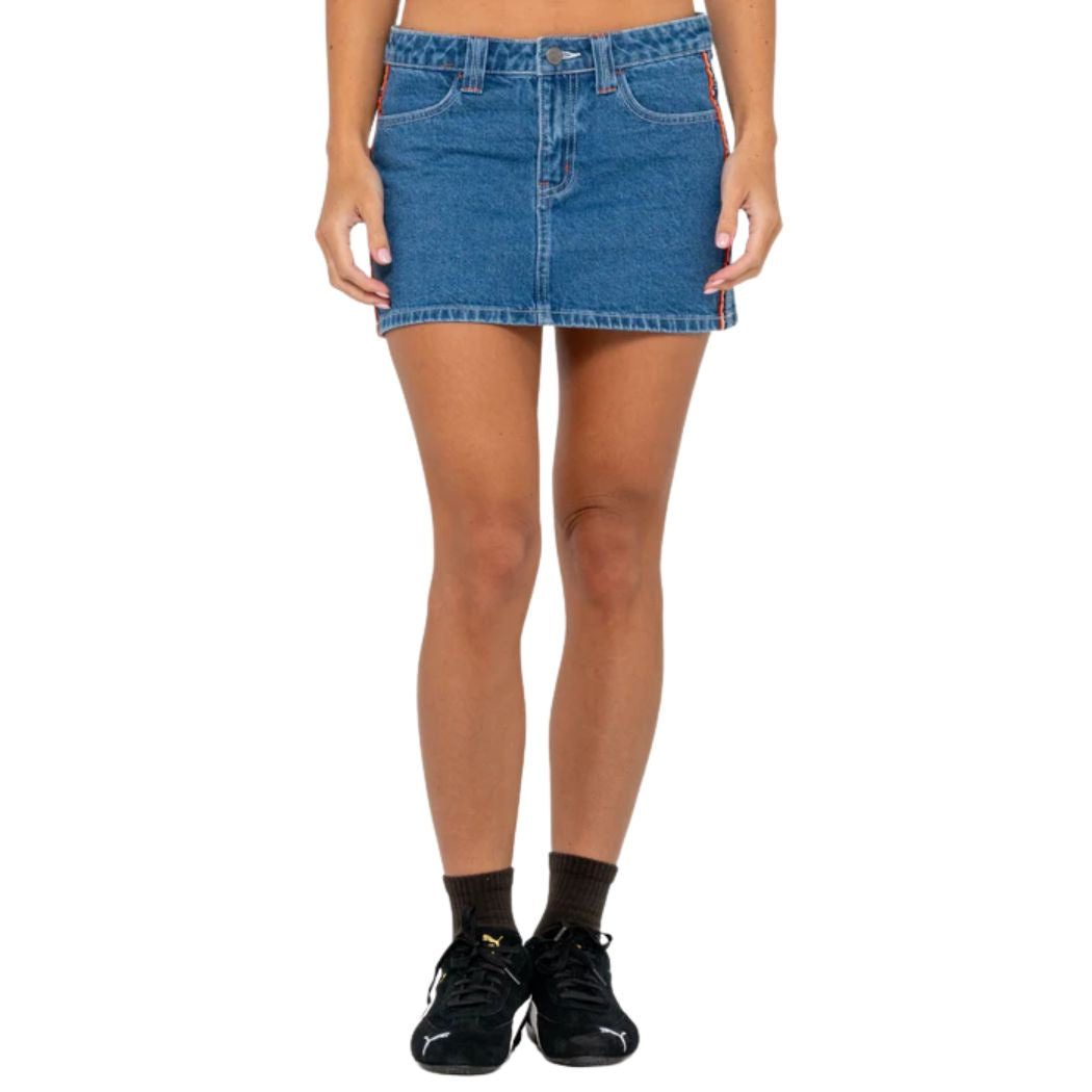 Rusty Flip Mommy Low Rise Mini Denim Skirt Middy Blue Orange
