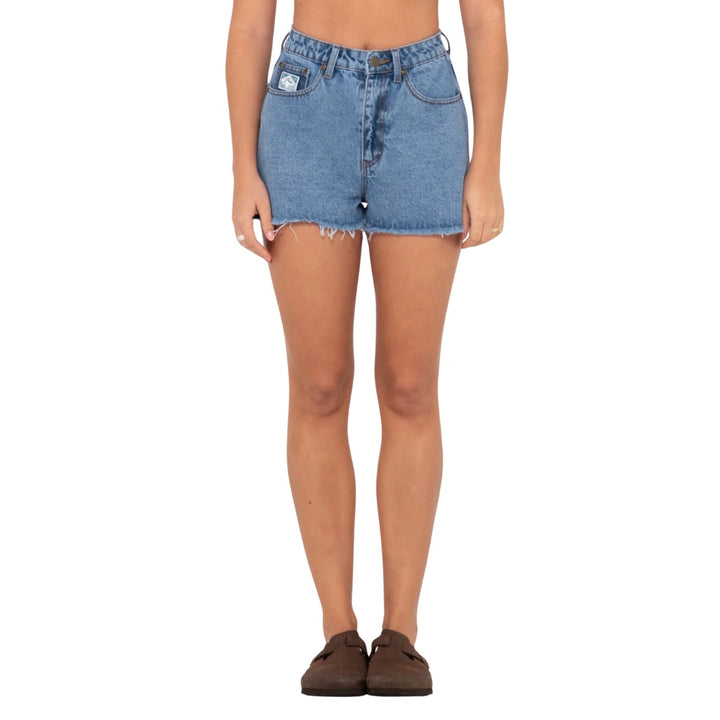 Rusty Penny Kick Flare Denim Short Middy Blue