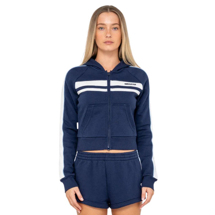 Rusty Retro Lines Zip Thru Hooded Fleece Navy Blue