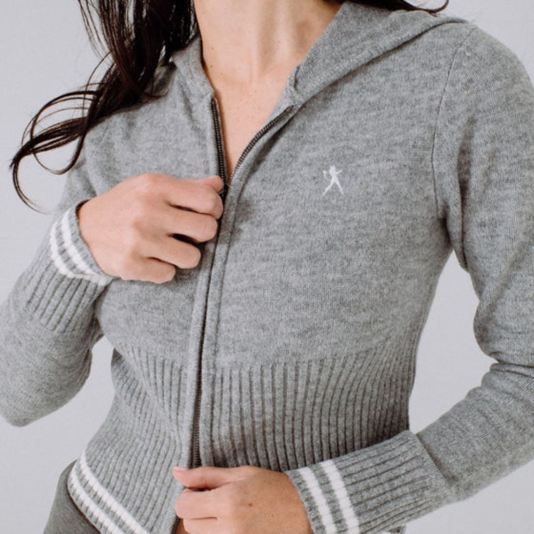 Rusty Devil Girl Knitted Zip Thru Hoodie Grey Marle