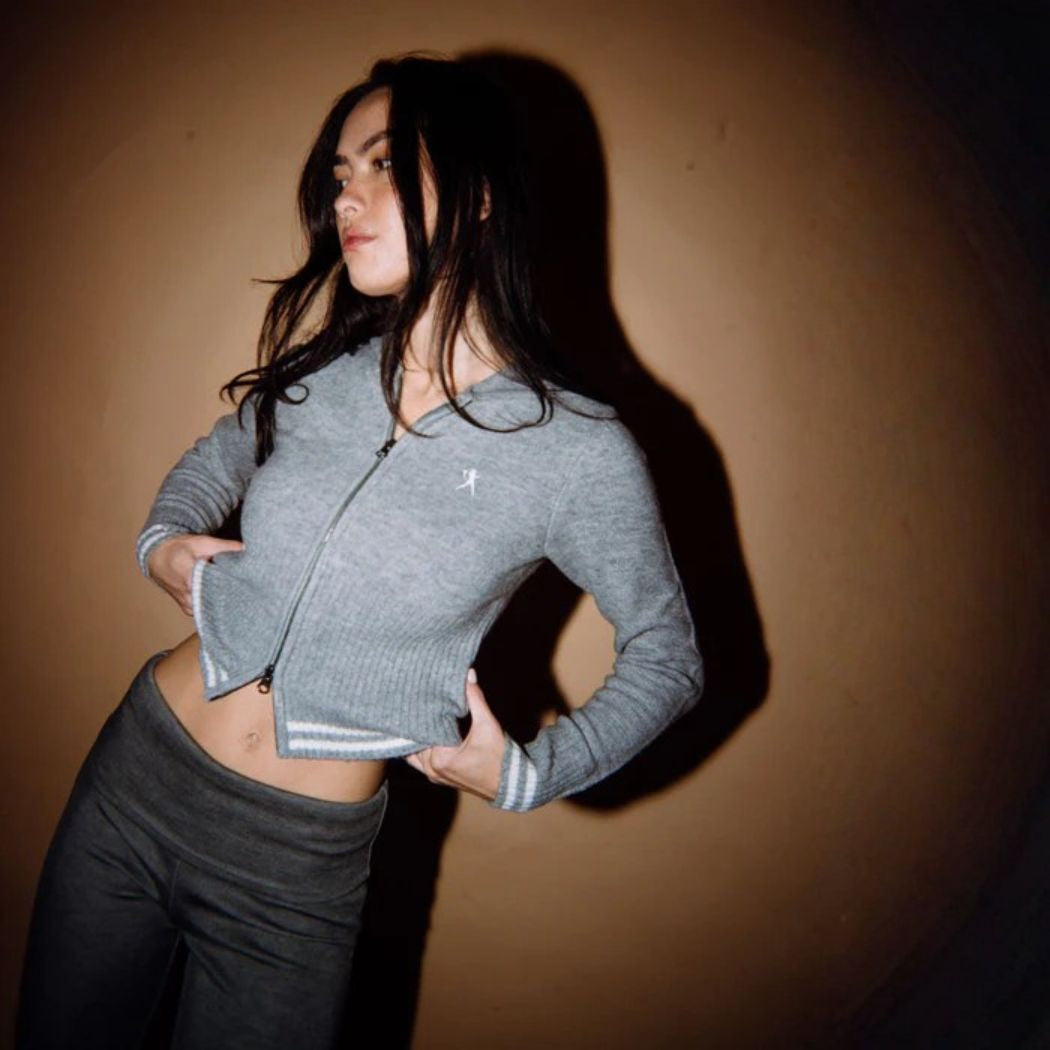 Rusty Devil Girl Knitted Zip Thru Hoodie Grey Marle