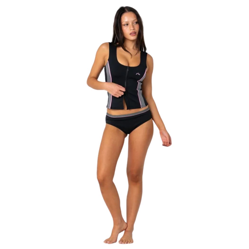 Rusty Farrah Scoop Zip Through Swim Top Black Pink