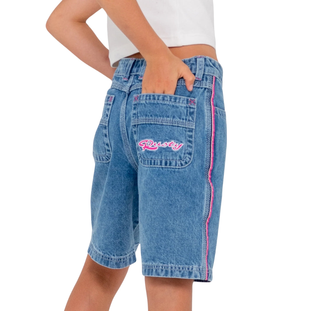 Rusty Flip Girl Denim Jort Sea Blue Fuchsia