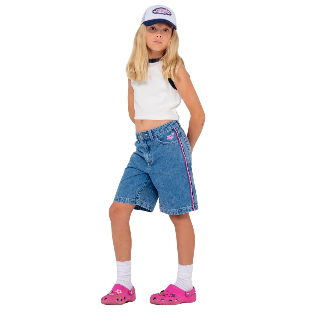 Rusty Flip Girl Denim Jort Sea Blue Fuchsia