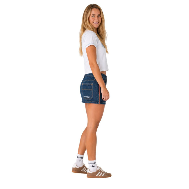 Rusty Flip Mommy Low Rise Mini Denim Skirt 2.0 Deep Sea Blue Orange