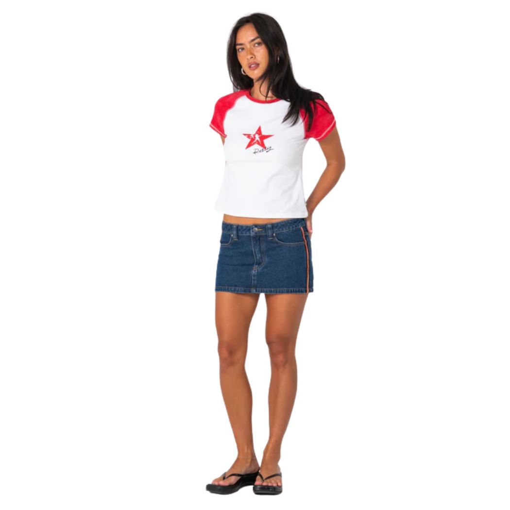 Rusty Flip Mommy Low Rise Mini Denim Skirt 2.0 Deep Sea Blue Orange