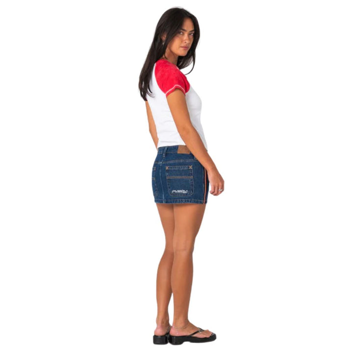 Rusty Flip Mommy Low Rise Mini Denim Skirt 2.0 Deep Sea Blue Orange