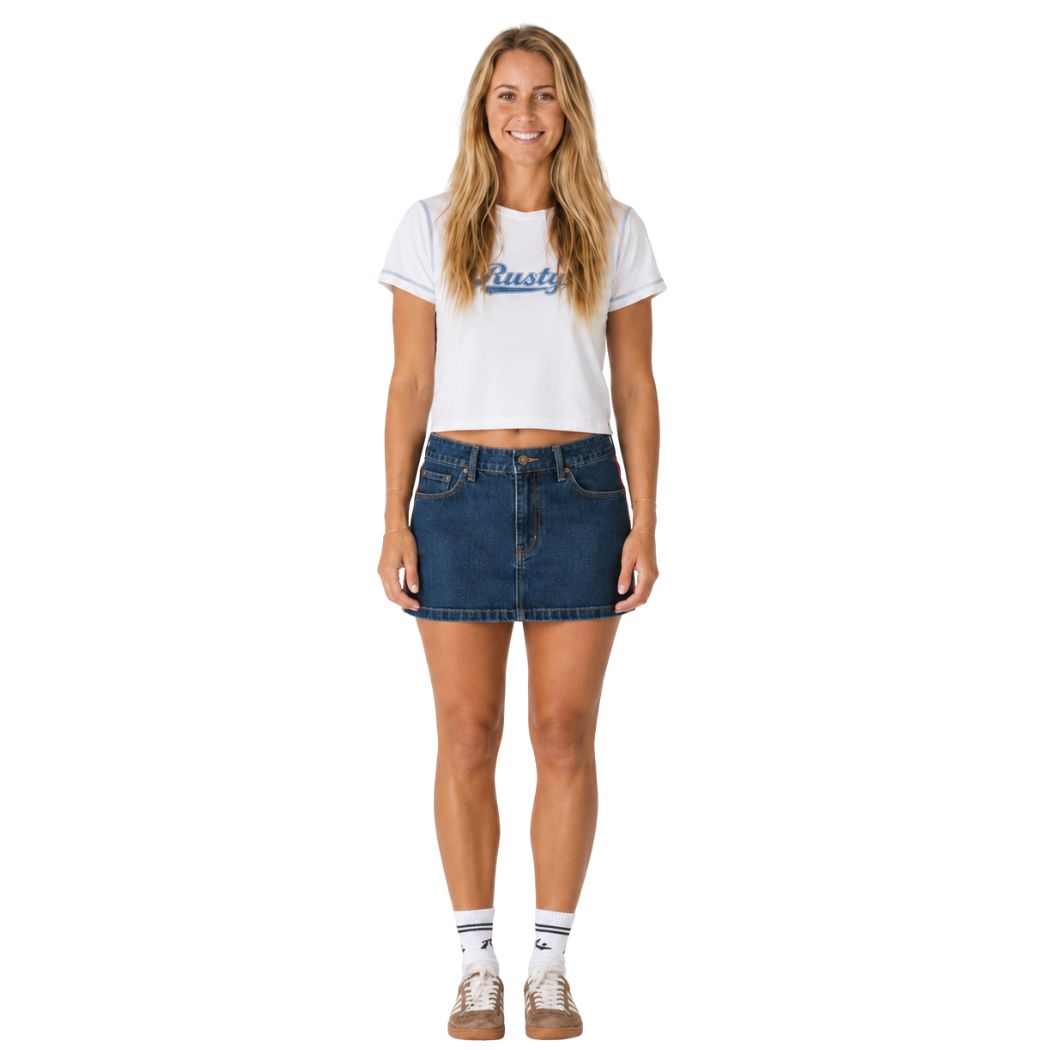 Rusty Flip Mommy Low Rise Mini Denim Skirt 2.0 Deep Sea Blue Orange