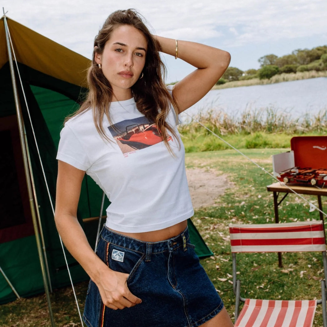 Rusty Flip Mommy Low Rise Mini Denim Skirt Deep Sea Blue Orange