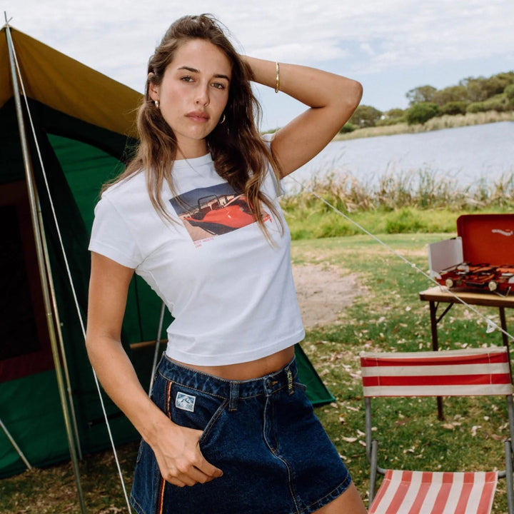 Rusty Flip Mommy Low Rise Mini Denim Skirt Deep Sea Blue Orange