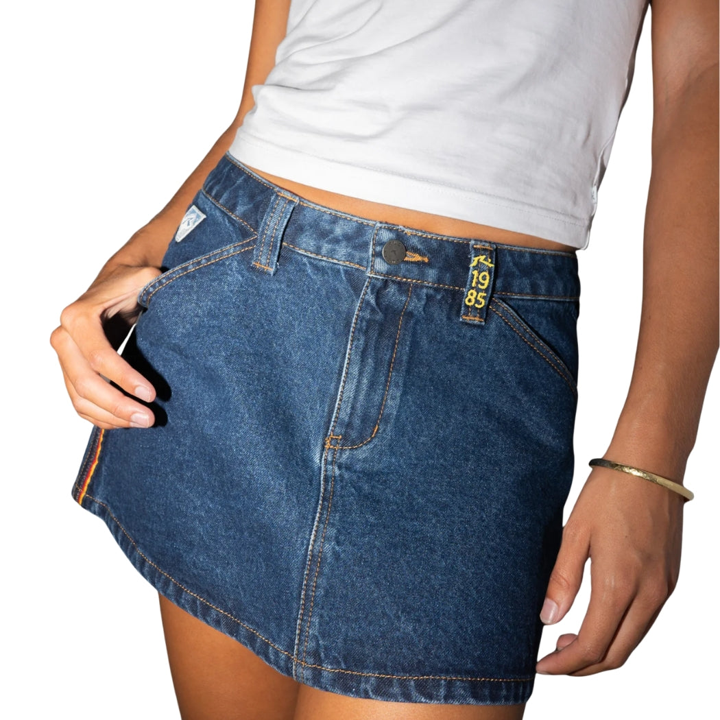 Rusty Flip Mommy Low Rise Mini Denim Skirt Deep Sea Blue Orange
