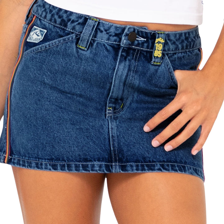 Rusty Flip Mommy Low Rise Mini Denim Skirt Deep Sea Blue Orange
