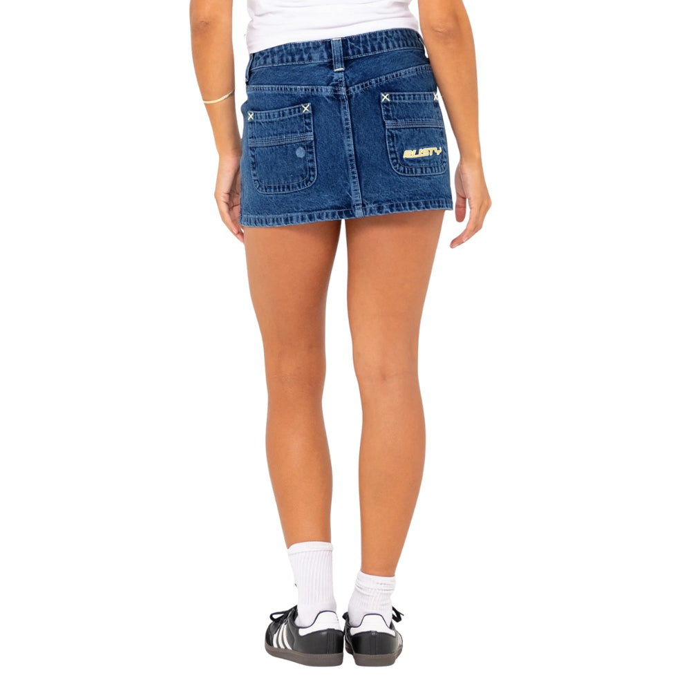 Rusty Flip Mommy Low Rise Mini Denim Skirt Deep Sea Blue Orange