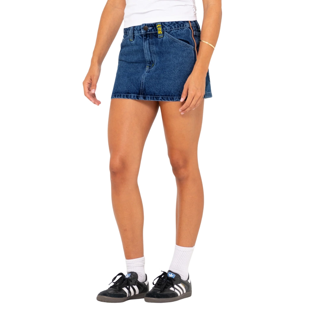 Rusty Flip Mommy Low Rise Mini Denim Skirt Deep Sea Blue Orange