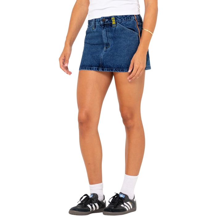 Rusty Flip Mommy Low Rise Mini Denim Skirt Deep Sea Blue Orange