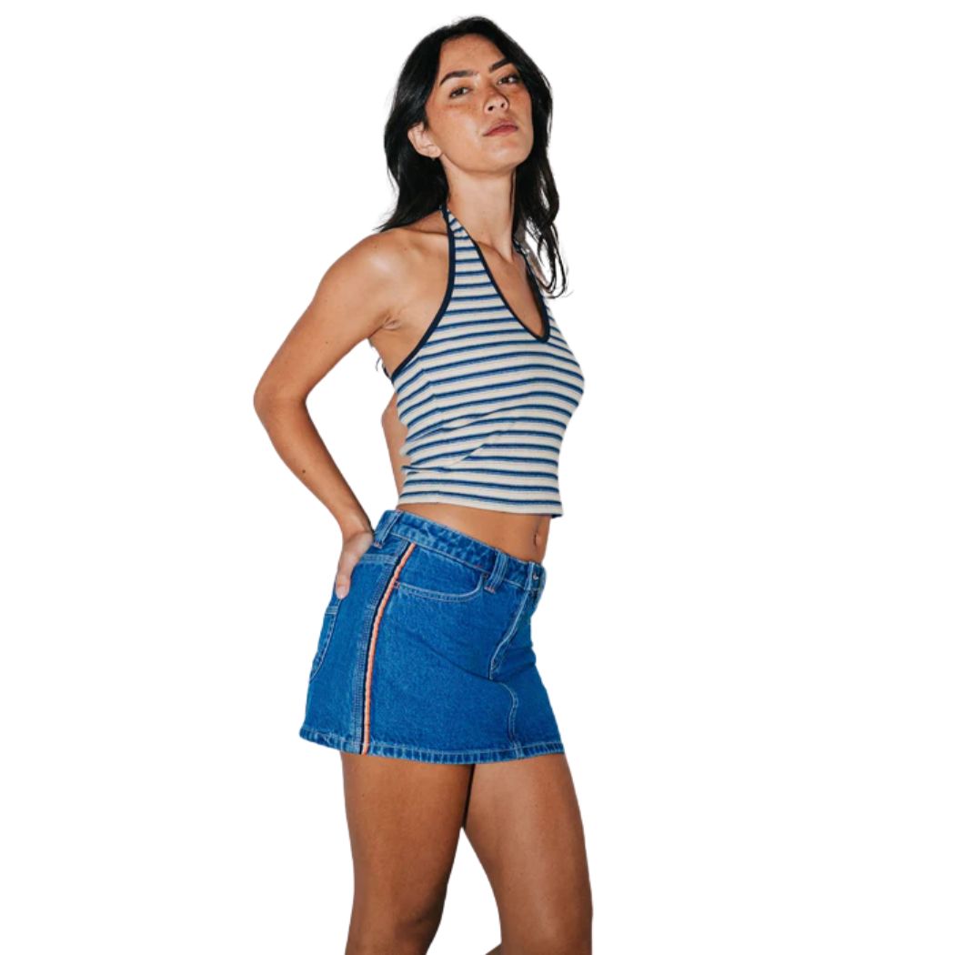 Rusty Flip Mommy Low Rise Mini Denim Skirt Middy Blue Orange
