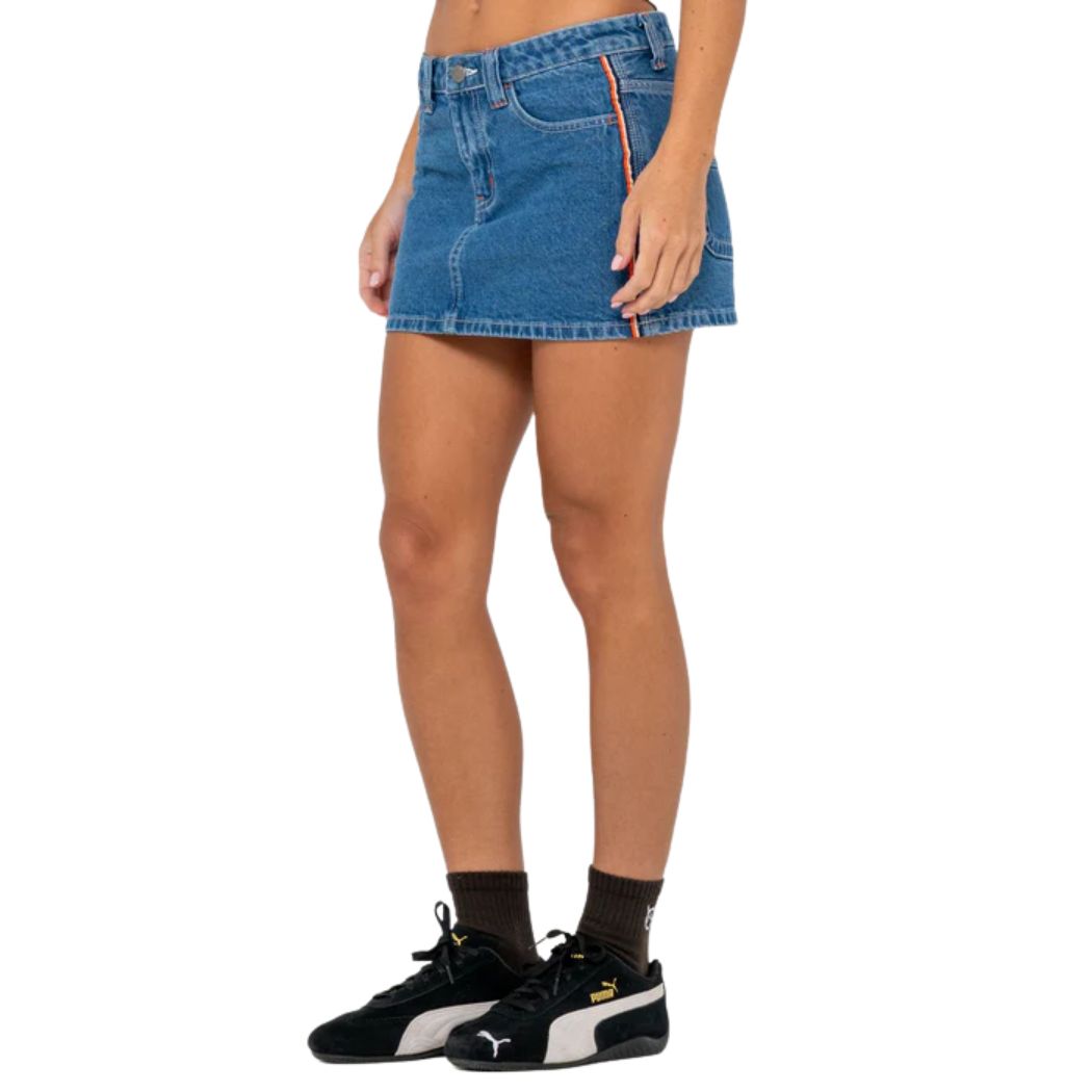 Rusty Flip Mommy Low Rise Mini Denim Skirt Middy Blue Orange
