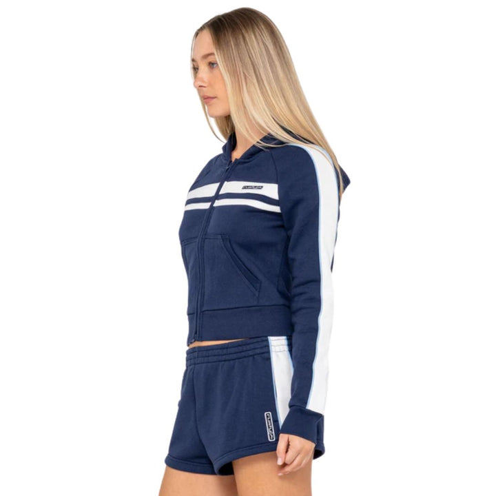 Rusty Retro Lines Zip Thru Hooded Fleece Navy Blue