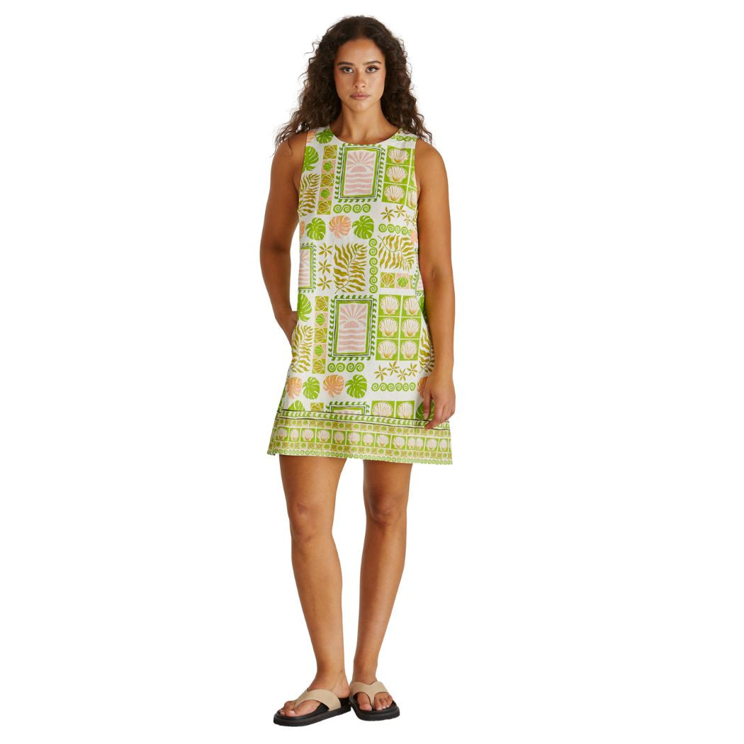 Sass Emmett Tie Back Shift Dress Green Shell Patchwork