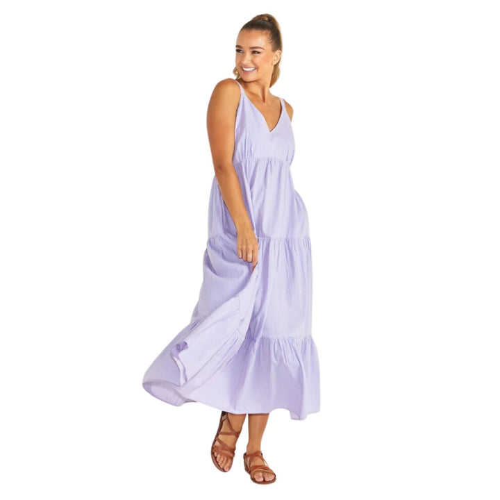 Sass Phillipa Tiered Maxi Dress Blue Pink Stripe