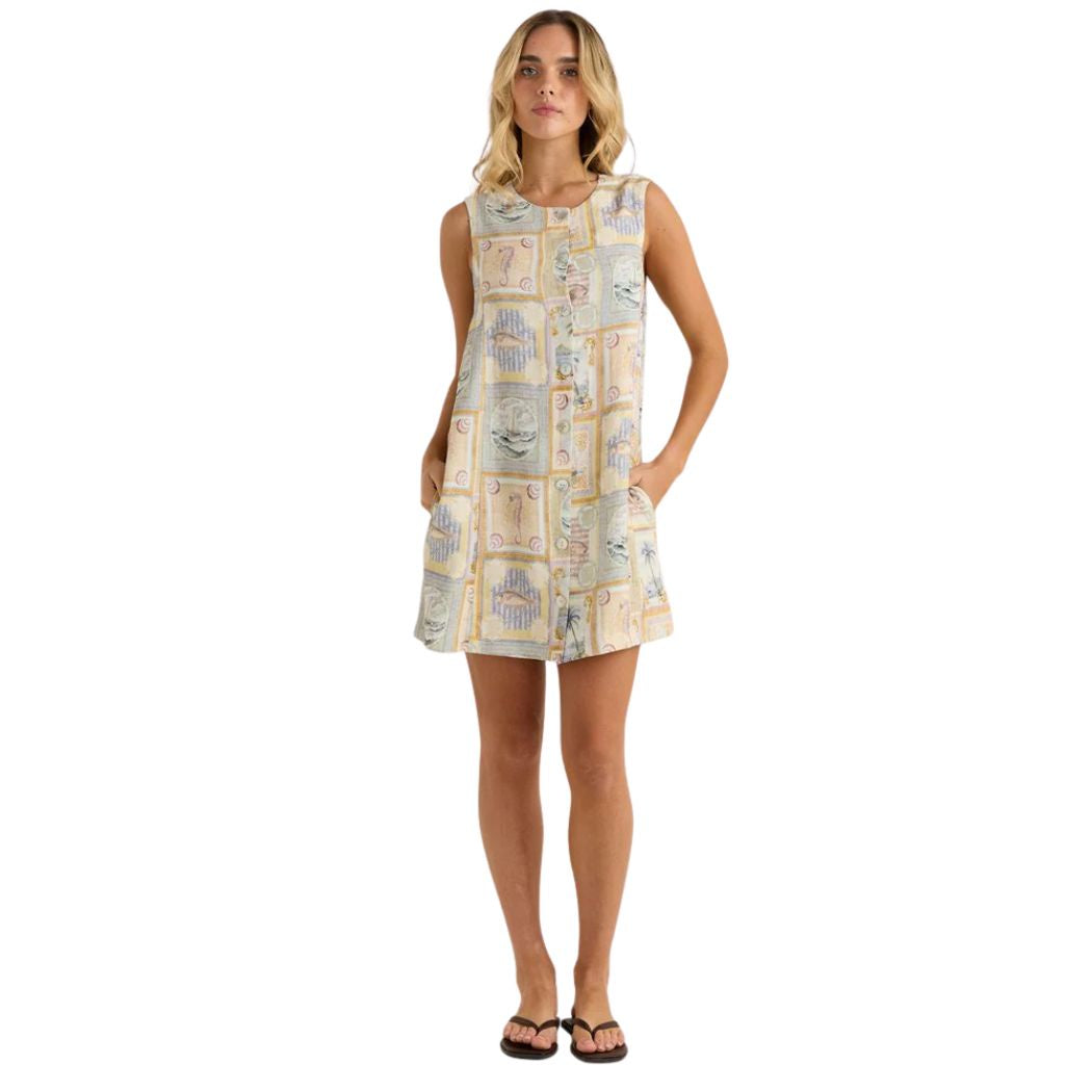 Sass Reo Button Shift Dress Wayfarer Print Blue