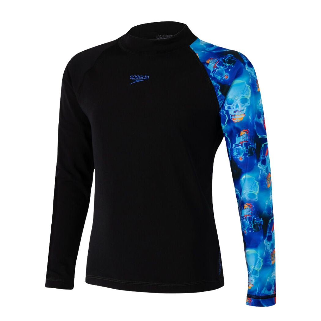 Speedo Boys Skull LS Rash Shirt Black Cobalt Blue