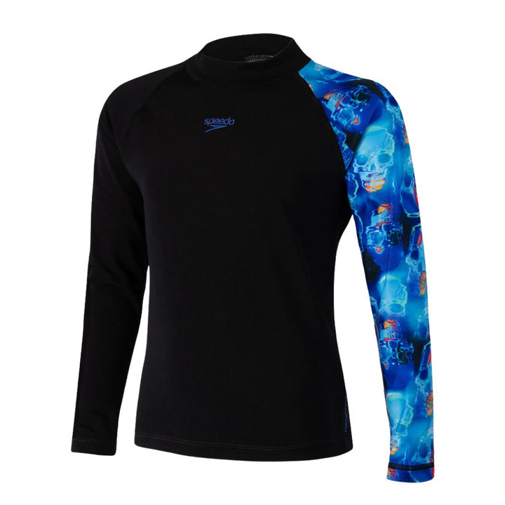 Speedo Boys Skull LS Rash Shirt Black Cobalt Blue
