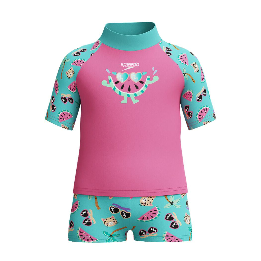 Speedo Girl Digital Short Sleeve Rash Top Set Neon Bubblegum