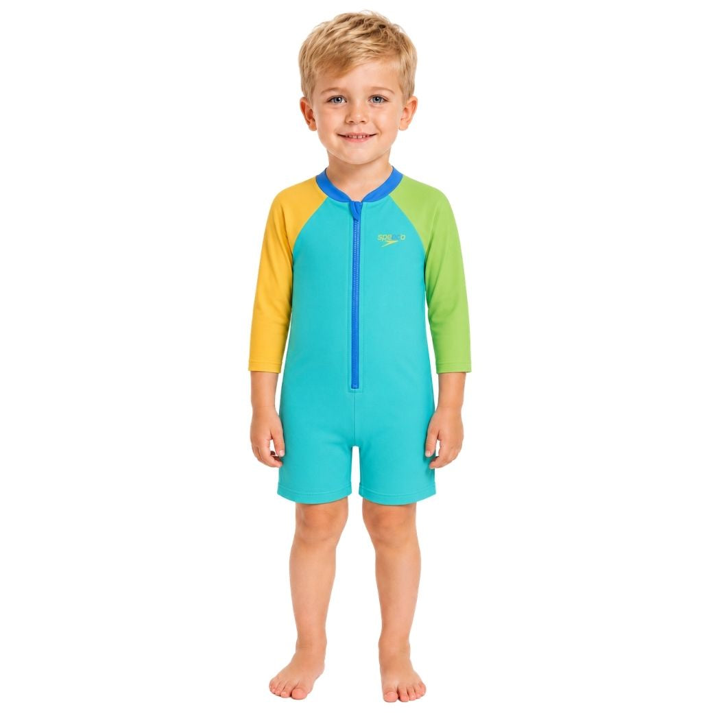 Speedo Toddler Boys Long Sleeve Colourblock Zip One Piece Aqua Breeze