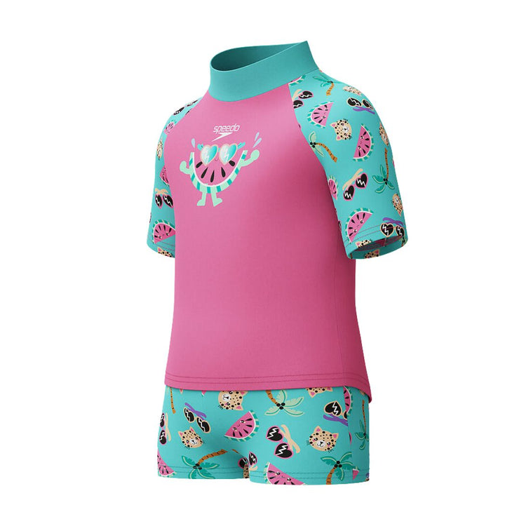 Speedo Girl Digital Short Sleeve Rash Top Set Neon Bubblegum